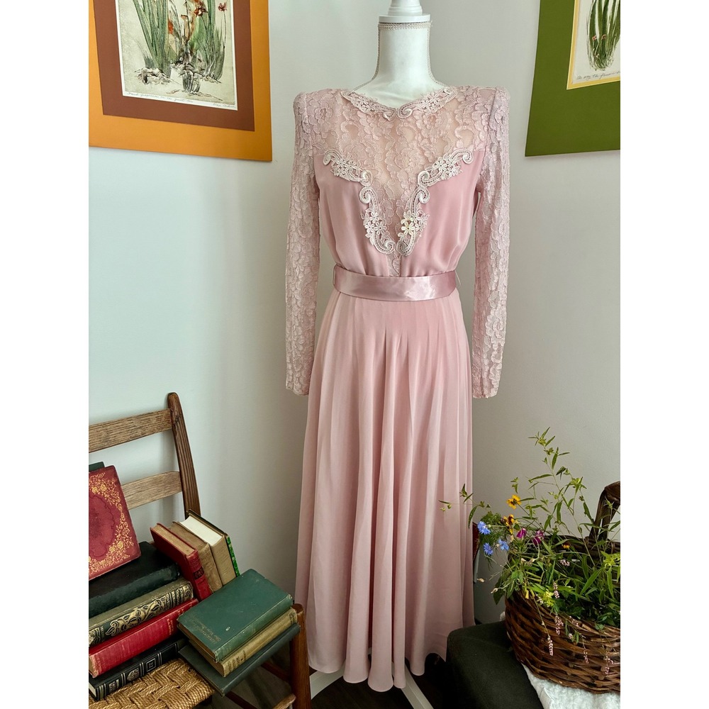 Vintage Ursula Of Switzerland 8 Rose Lace Formal Dress Long Sleeve